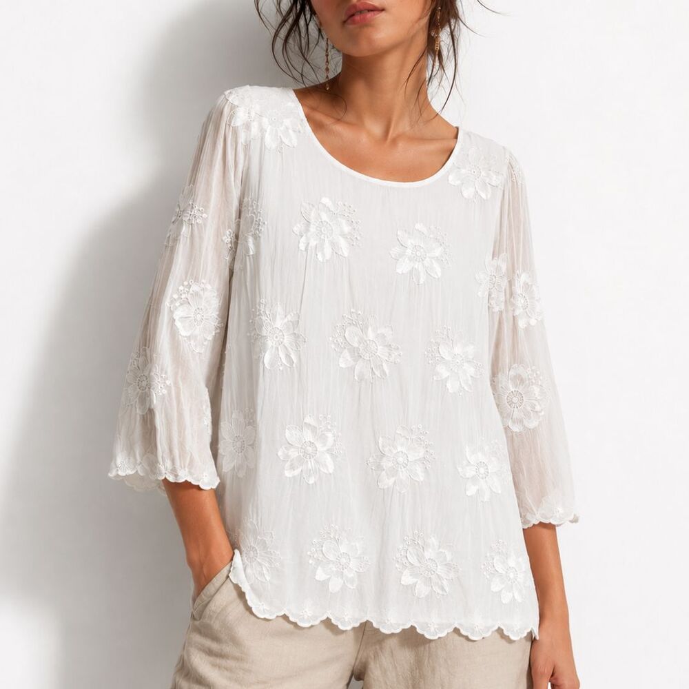 Elena Baldi Silk Blend White Embroidered Floral Blouse Made in Italy M Coastal